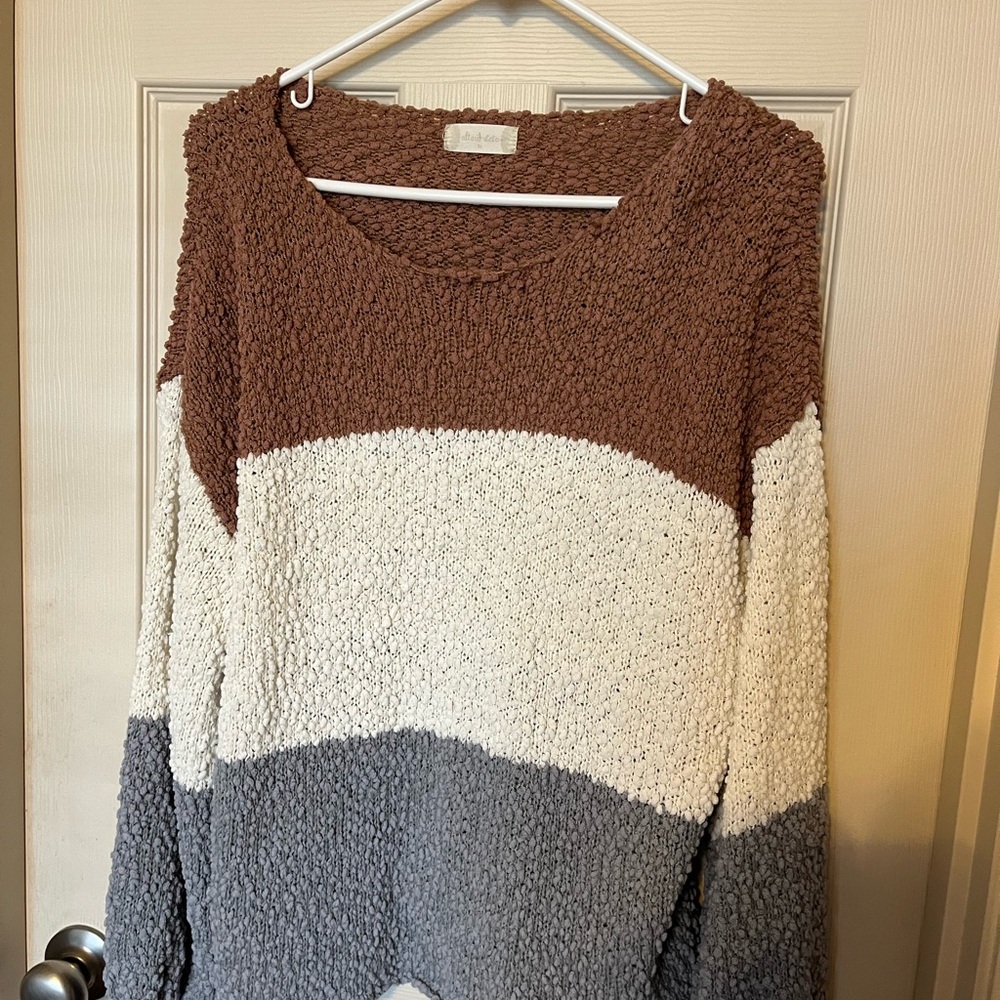Altar’d state Colorblock Crew Neck Sweater - Brown, Cream, and Gray